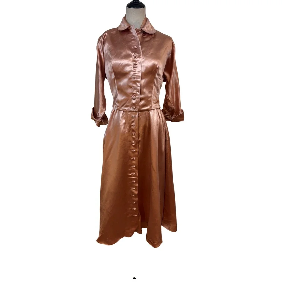 Vtg 50s‎ Slipper Satin Halter Dress Jacket Copper Pockets 2pc Set 28
